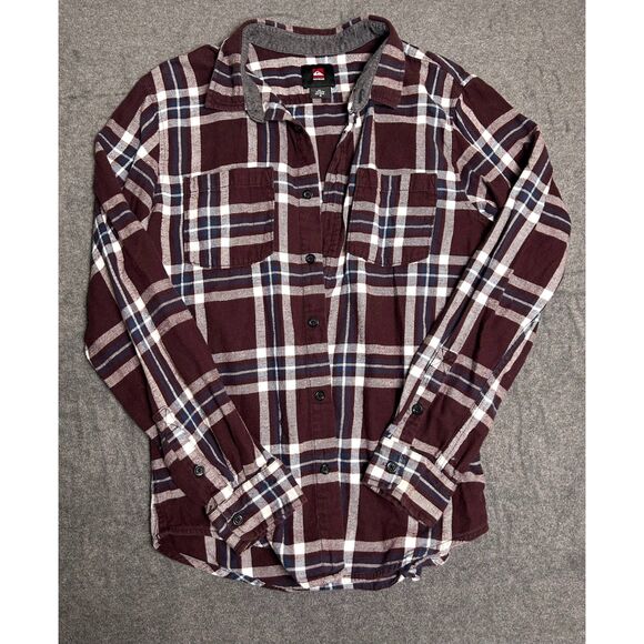 Quiksilver Button Up Womens Shirt Size Medium Plaid Burgundy Maroon White Navy - Picture 1 of 3
